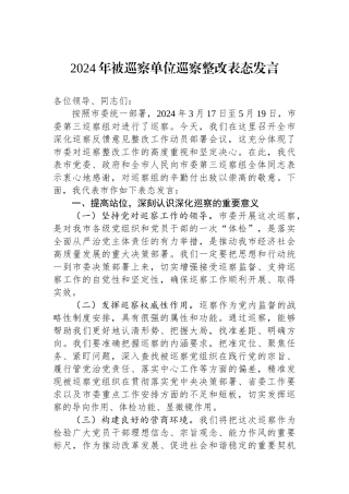2024年被巡察单位巡察整改表态发言