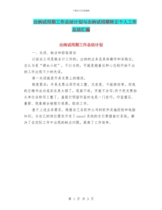 出纳试用期工作总结计划与出纳试用期转正个人工作总结汇编