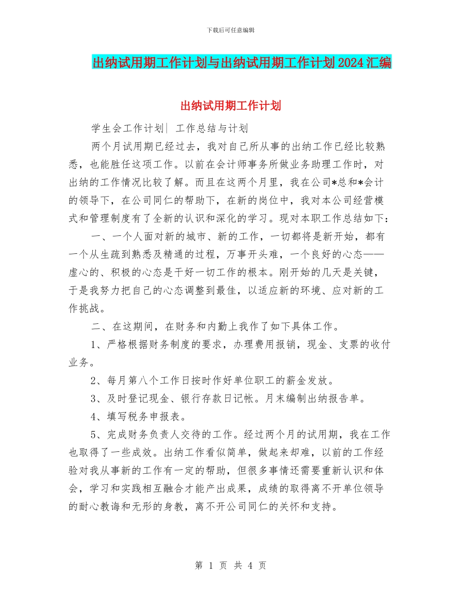 出纳试用期工作计划与出纳试用期工作计划2024汇编_第1页