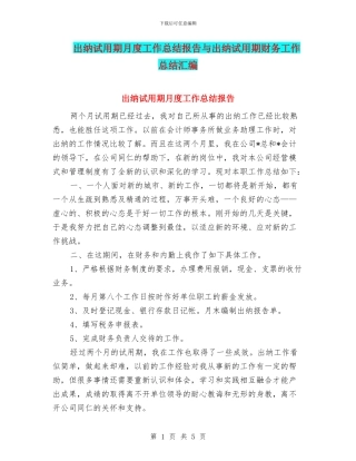 出纳试用期月度工作总结报告与出纳试用期财务工作总结汇编
