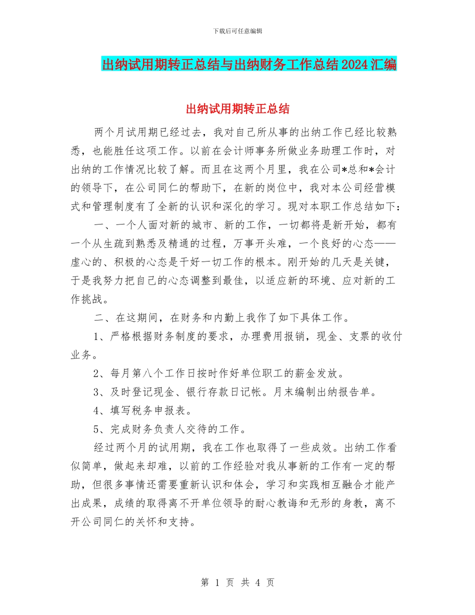出纳试用期转正总结与出纳财务工作总结2024汇编_第1页