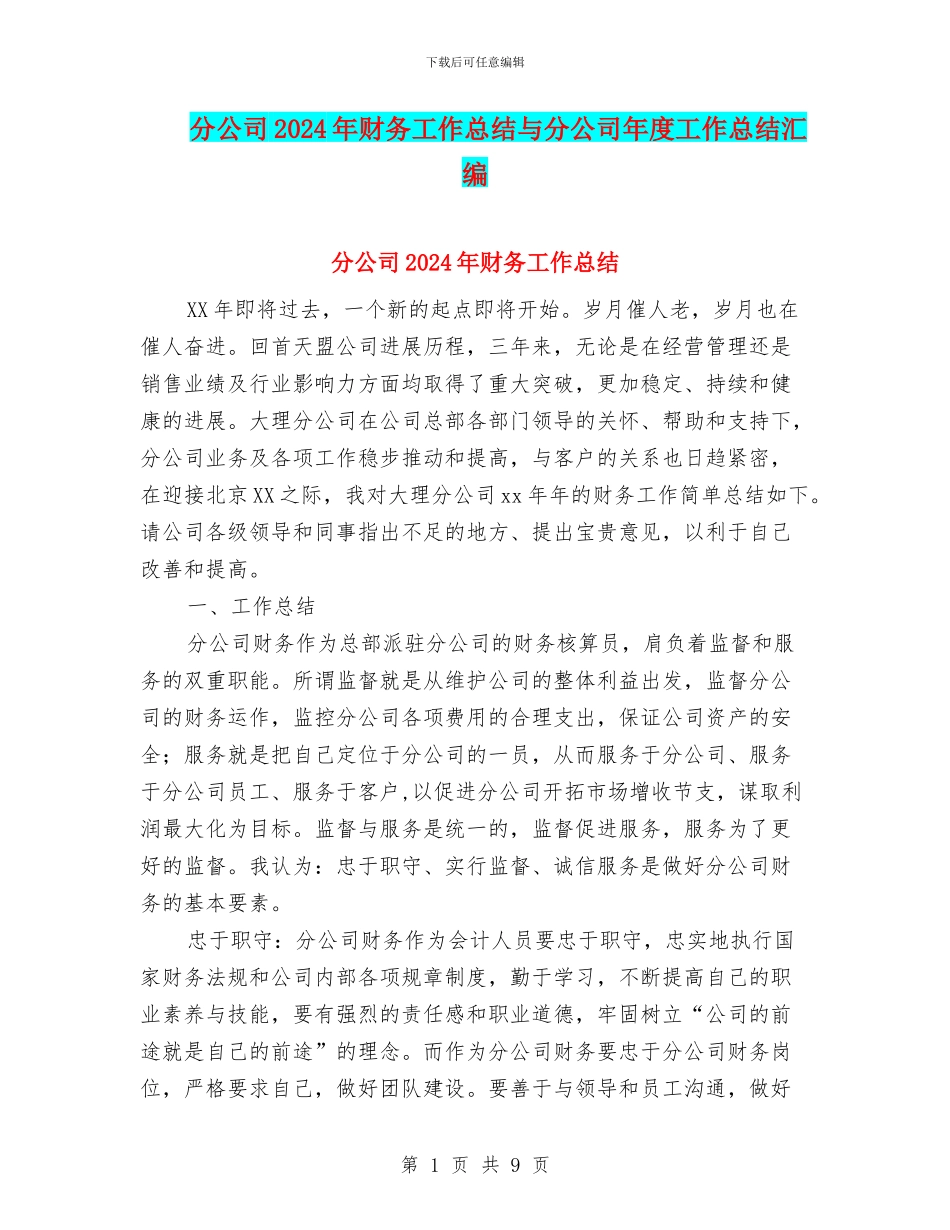 分公司2024年财务工作总结与分公司年度工作总结汇编_第1页