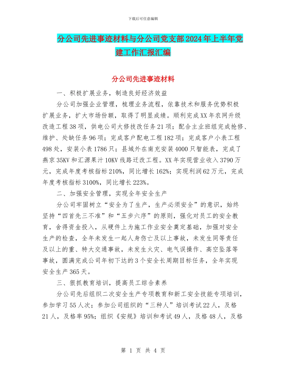 分公司先进事迹材料与分公司党支部2024年上半年党建工作汇报汇编_第1页