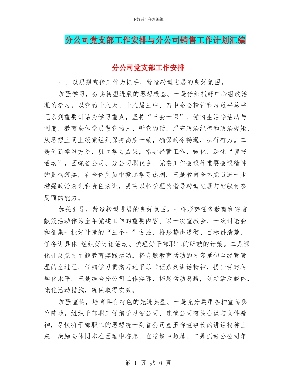 分公司党支部工作安排与分公司销售工作计划汇编_第1页