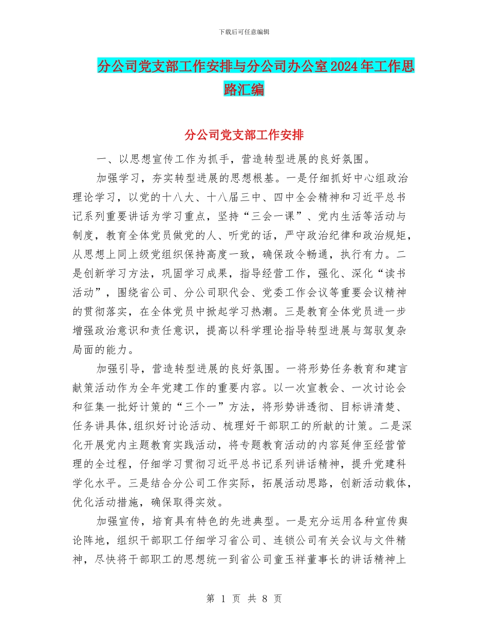 分公司党支部工作安排与分公司办公室2024年工作思路汇编_第1页