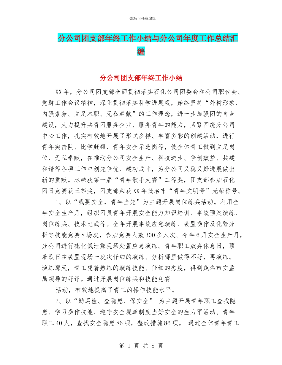 分公司团支部年终工作小结与分公司年度工作总结汇编_第1页