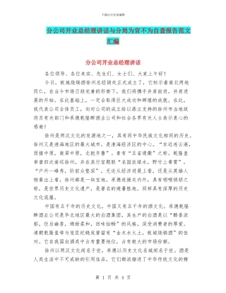 分公司开业总经理讲话与分局为官不为自查报告范文汇编
