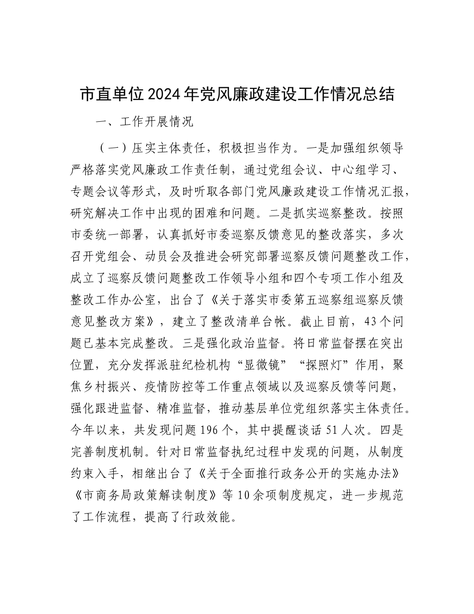 2024年党风廉政建设工作情况总结（市直单位）_第1页
