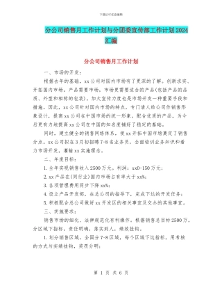 分公司销售月工作计划与分团委宣传部工作计划2024汇编