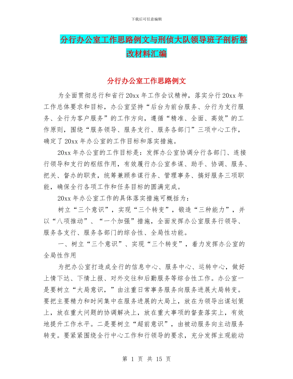 分行办公室工作思路例文与刑侦大队领导班子剖析整改材料汇编_第1页