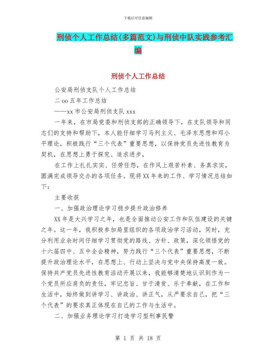 刑侦个人工作总结与刑侦中队实践参考汇编_第1页