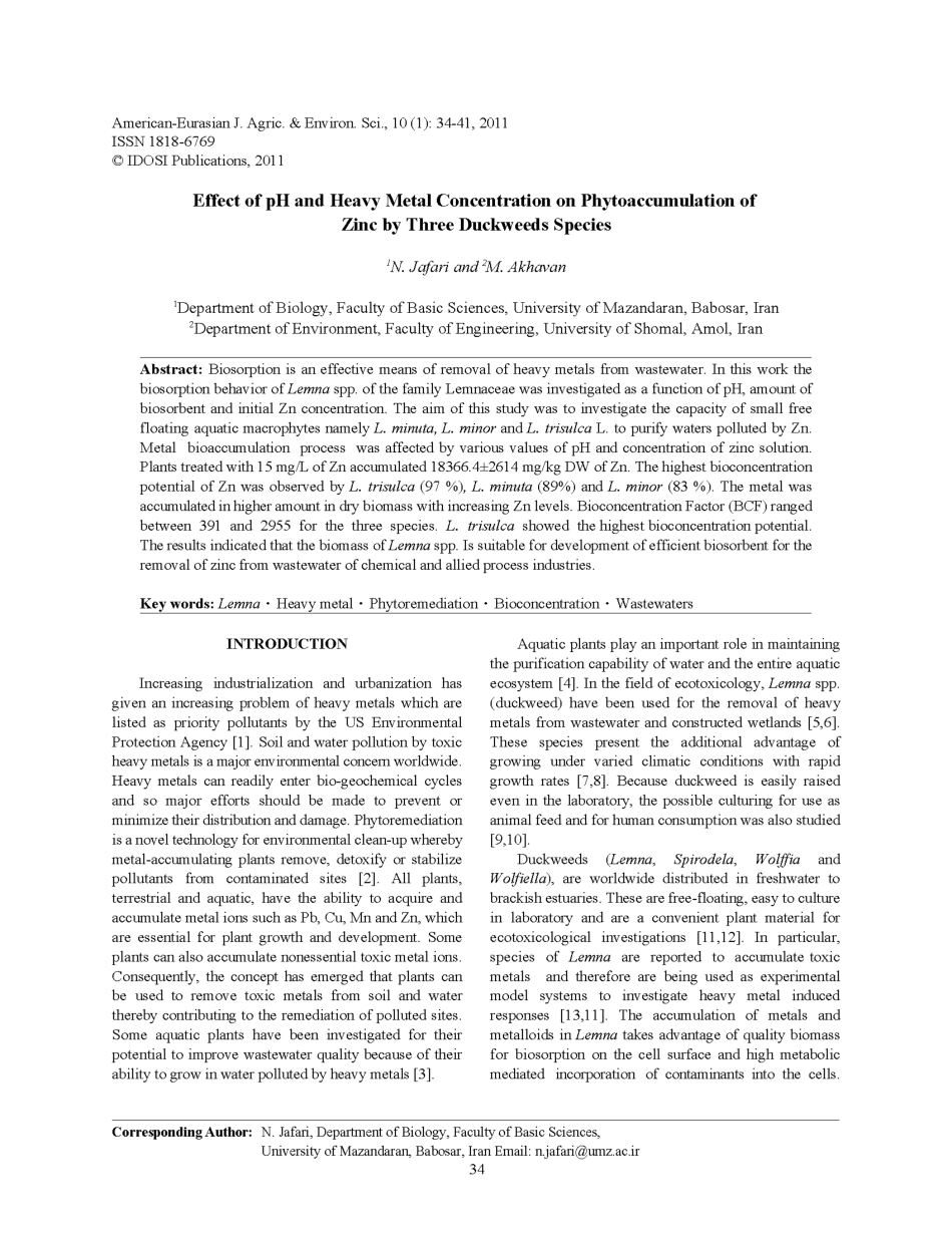 EffectofpHandheavymetalconcentrationonphytoaccumulationofzincbythreeduckweedsspecies_第1页