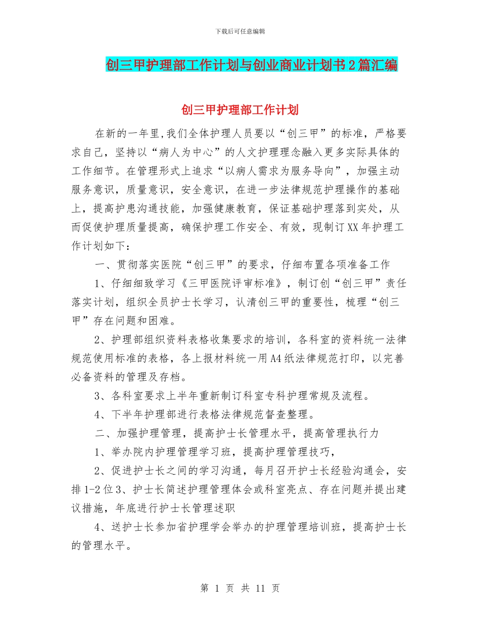 创三甲护理部工作计划与创业商业计划书2篇汇编_第1页