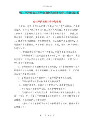 创三甲护理部工作计划范例与创业协会工作计划汇编