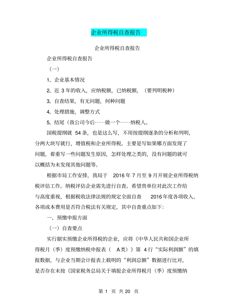 企业所得税自查报告【可编辑版】_第1页
