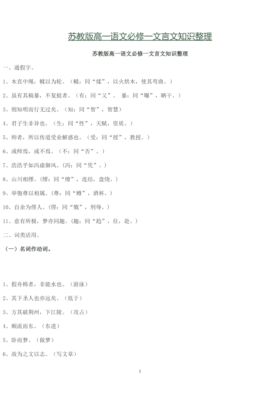 苏教版高一语文必修一文言文知识整理_第1页