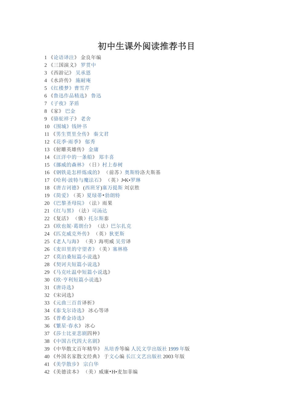 初中生课外阅读推荐书目_第1页