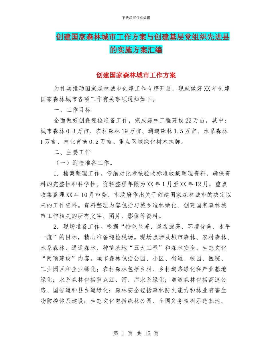 创建国家森林城市工作方案与创建基层党组织先进县的实施方案汇编_第1页