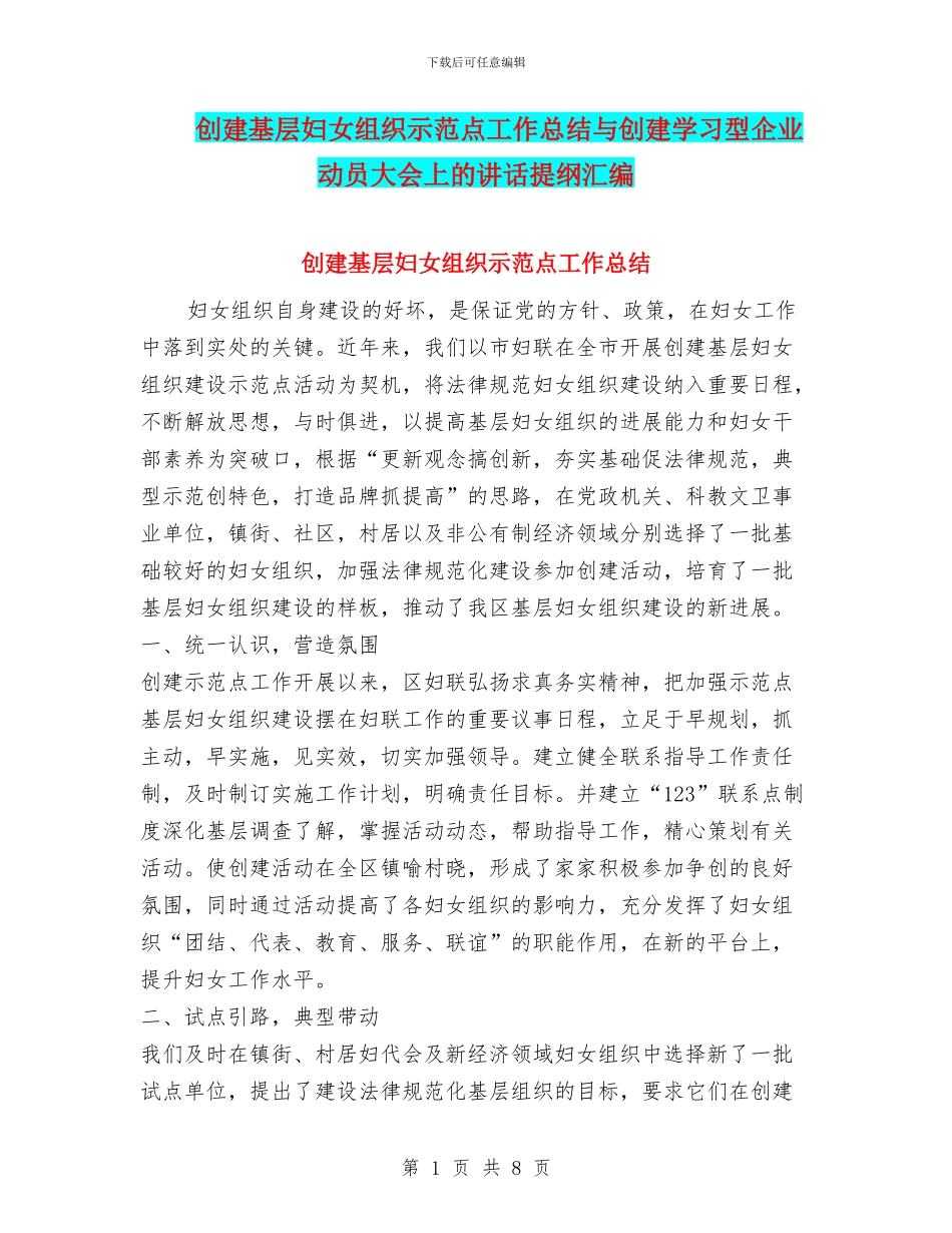 创建基层妇女组织示范点工作总结与创建学习型企业动员大会上的讲话提纲汇编_第1页