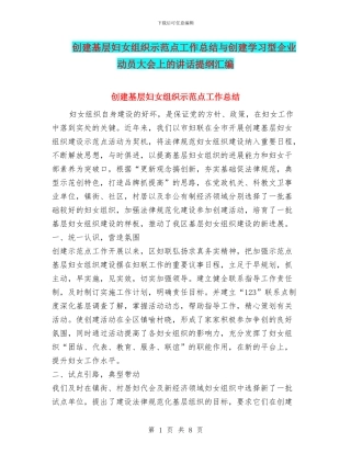 创建基层妇女组织示范点工作总结与创建学习型企业动员大会上的讲话提纲汇编