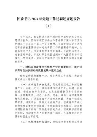 2024年度述职述廉述党建工作报告（团委书记） (2篇)