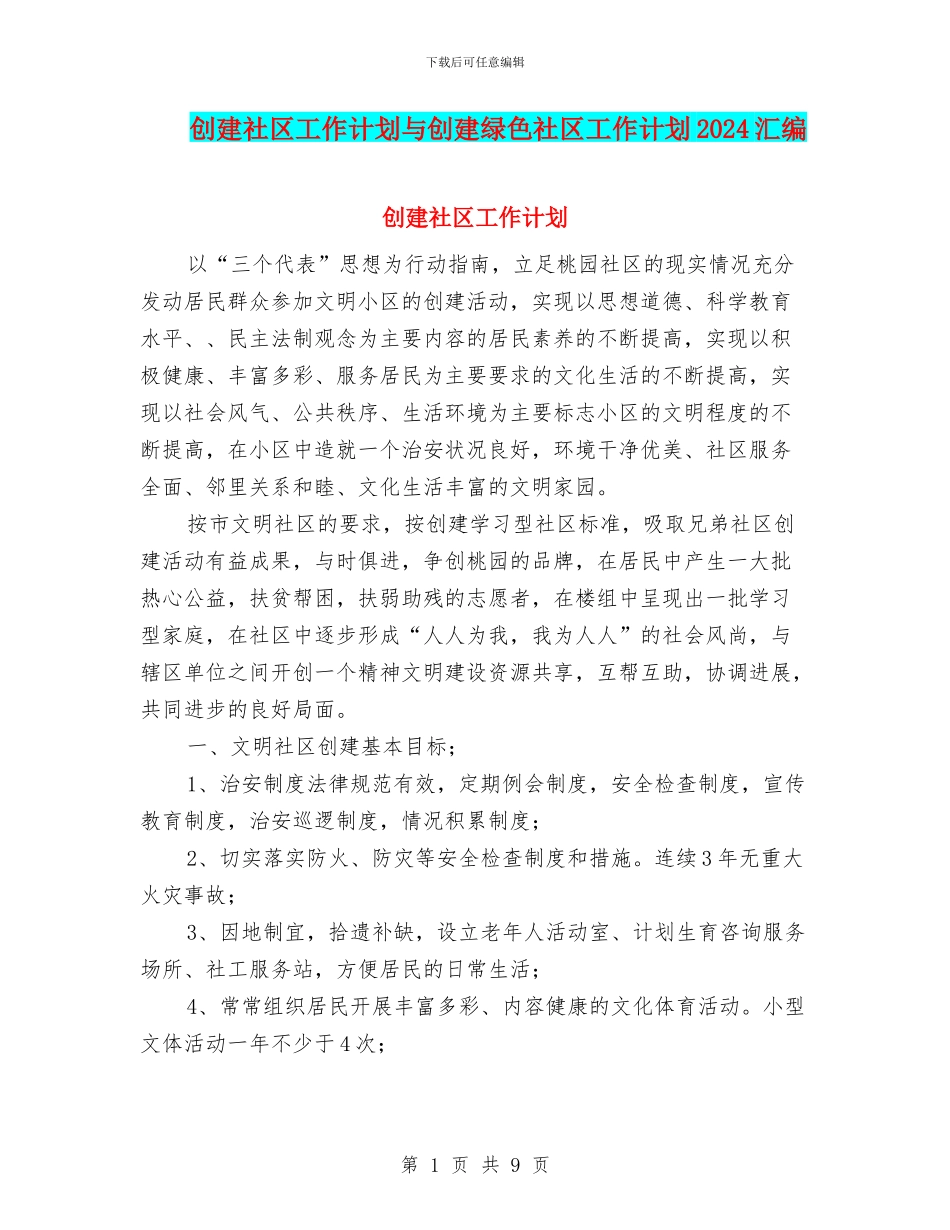 创建社区工作计划与创建绿色社区工作计划2024汇编_第1页
