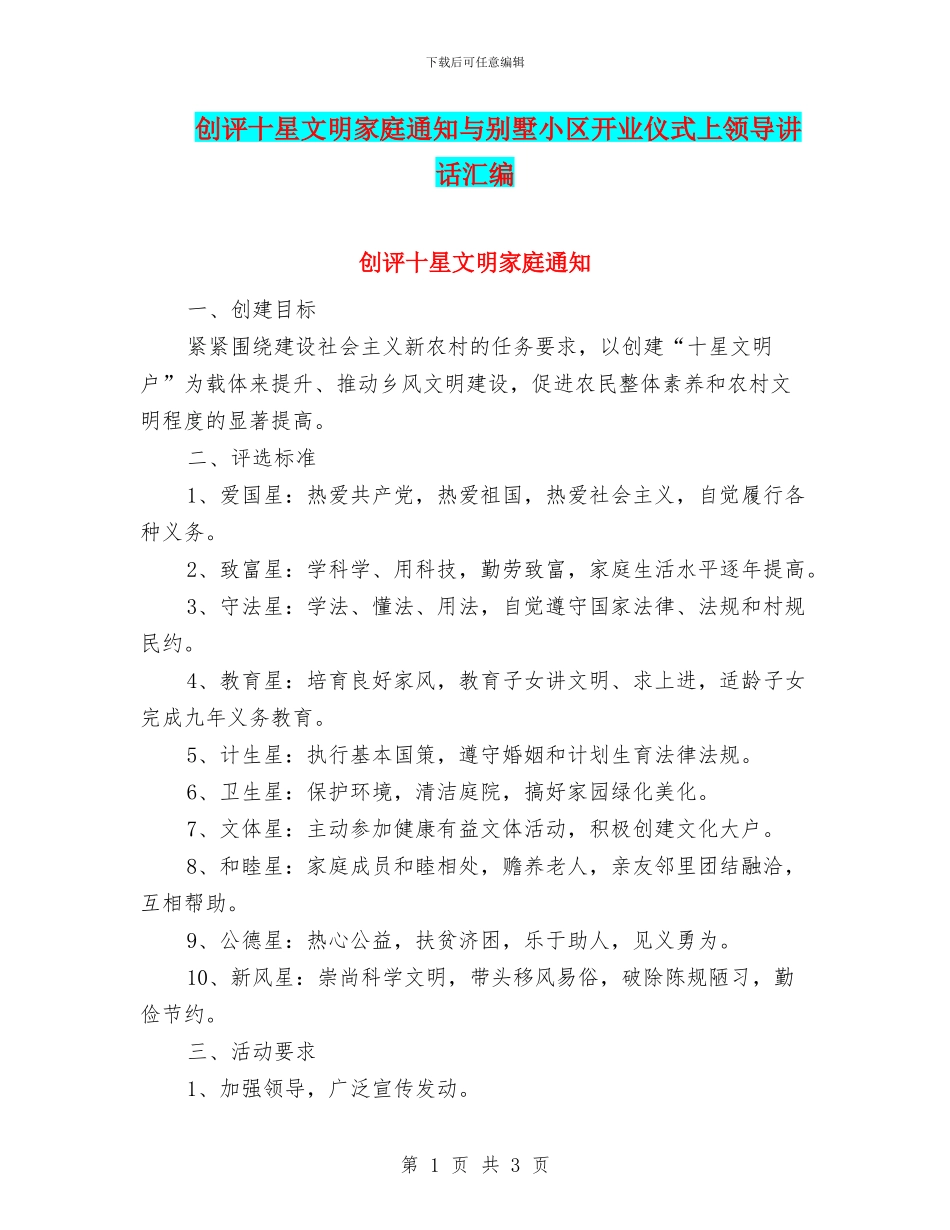 创评十星文明家庭通知与别墅小区开业仪式上领导讲话汇编_第1页