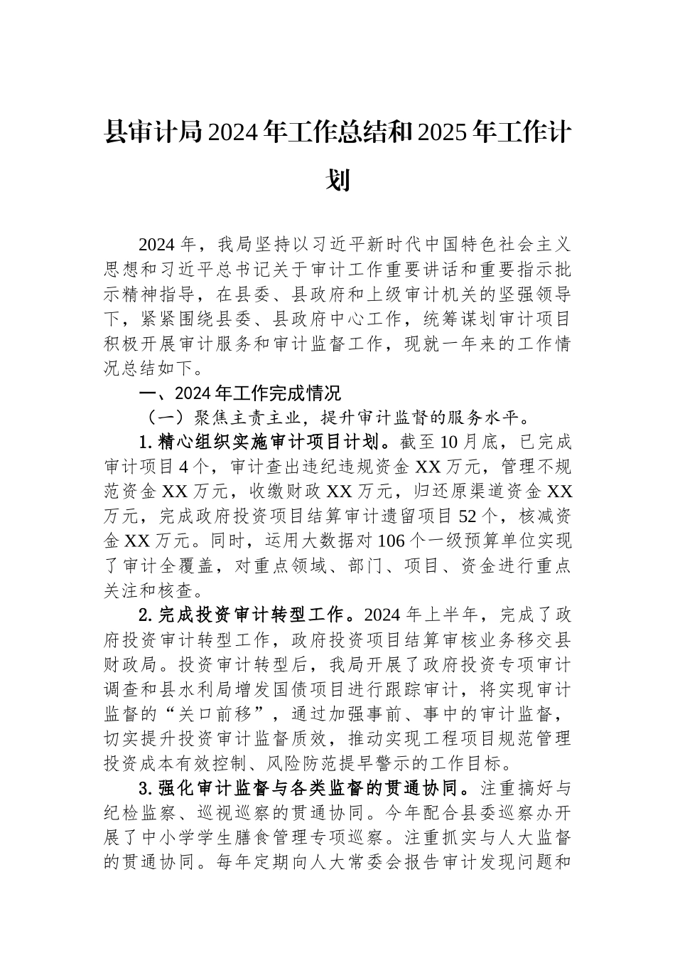 2024年工作总结和2025年工作计划（审计局）_第1页