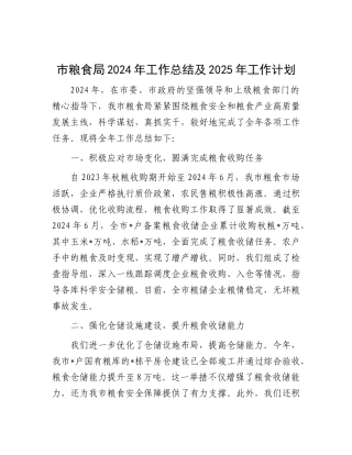 2024年工作总结及2025年工作计划（粮食局）