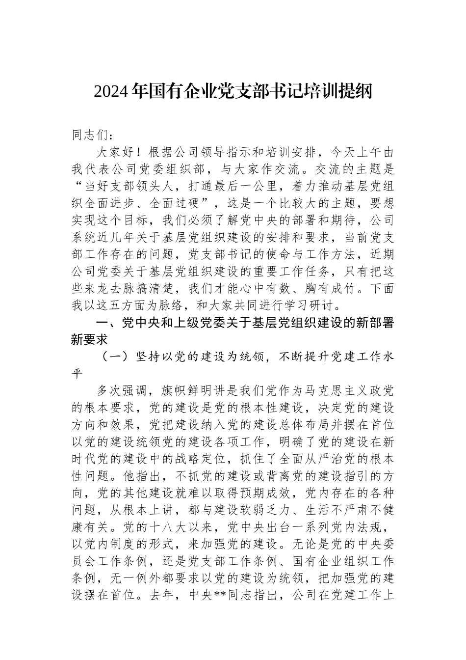 2024年国有企业党支部书记培训提纲_第1页