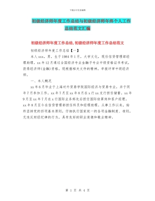 初级经济师年度工作总结与初级经济师年终个人工作总结范文汇编