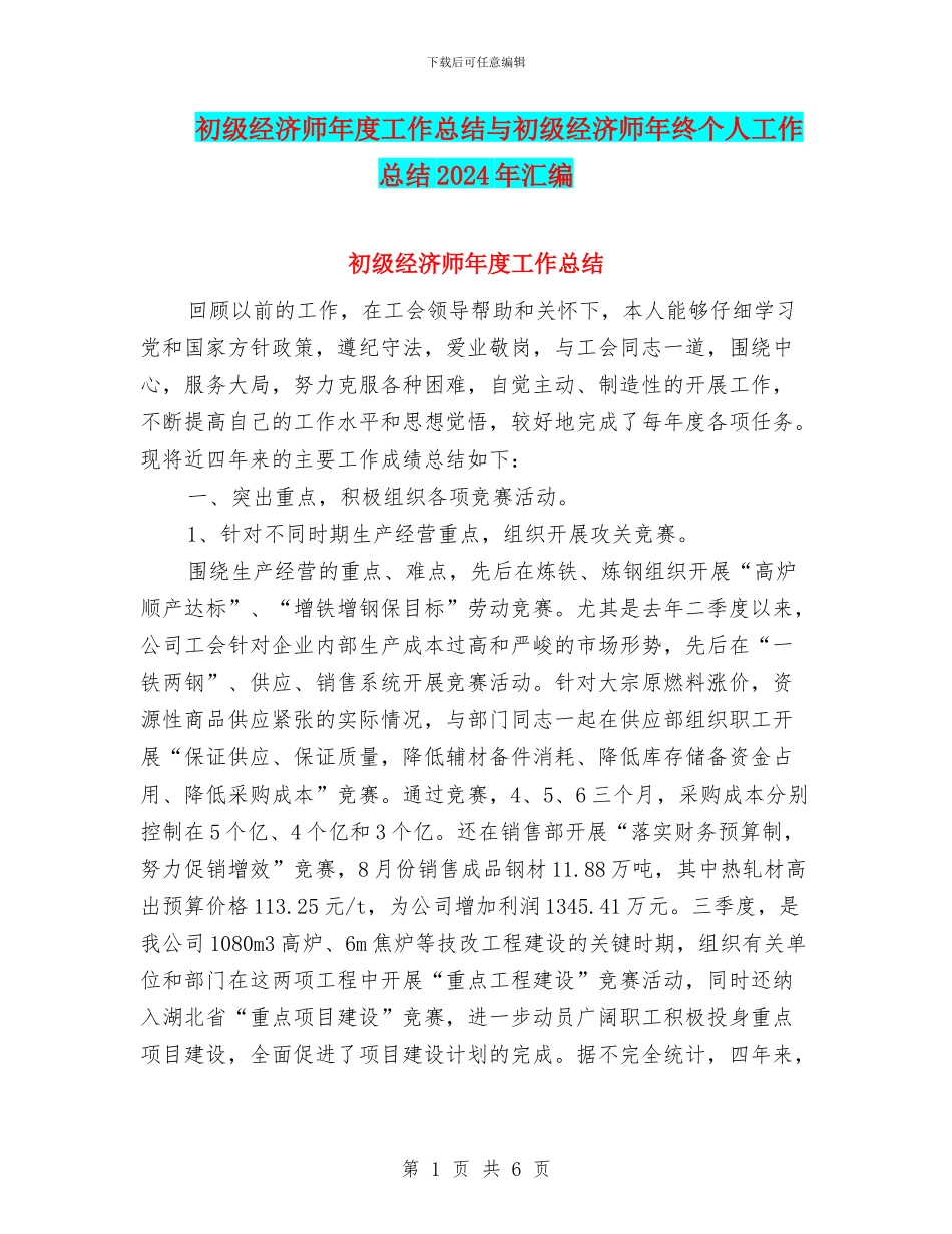 初级经济师年度工作总结与初级经济师年终个人工作总结2024年汇编_第1页