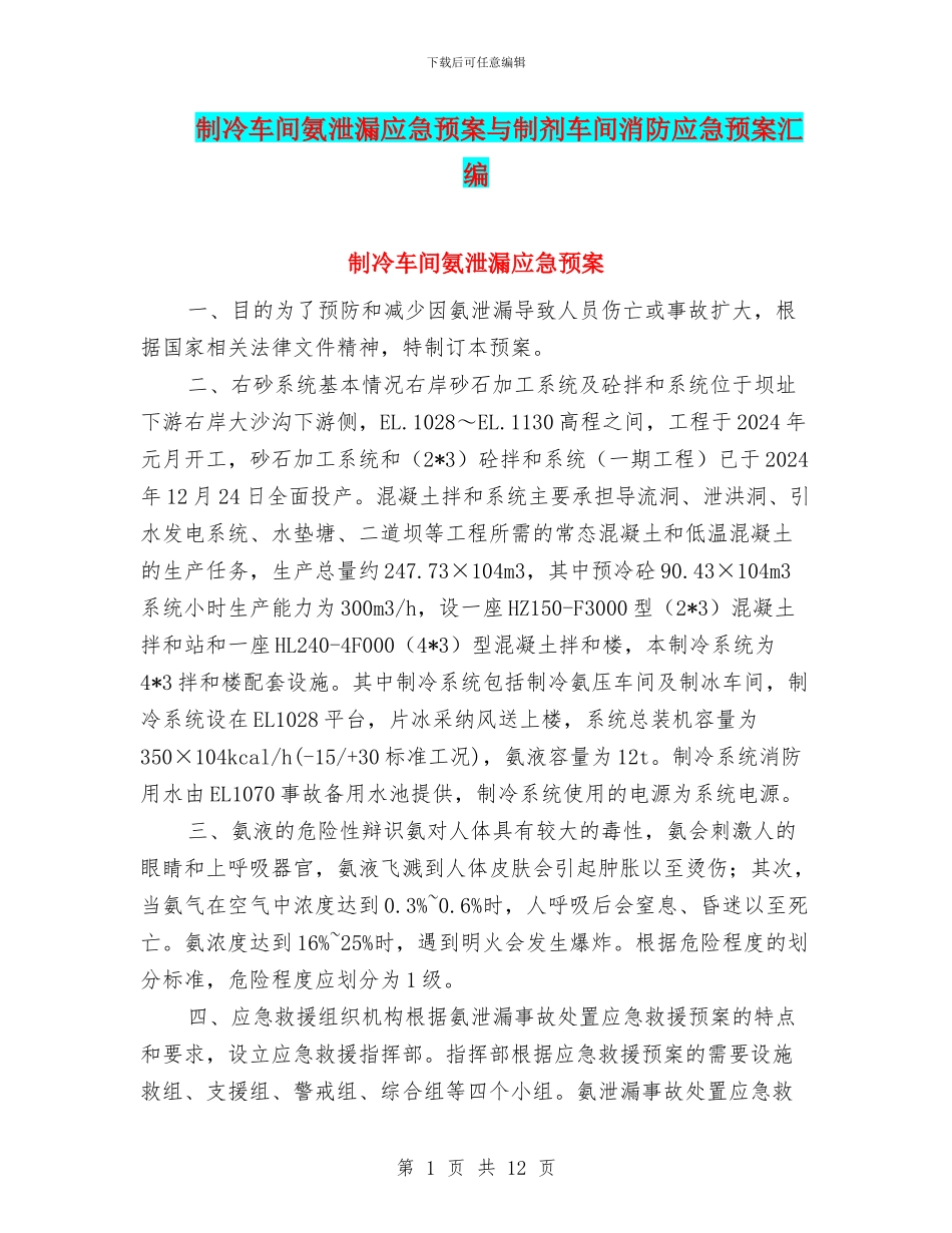 制冷车间氨泄漏应急预案与制剂车间消防应急预案汇编_第1页