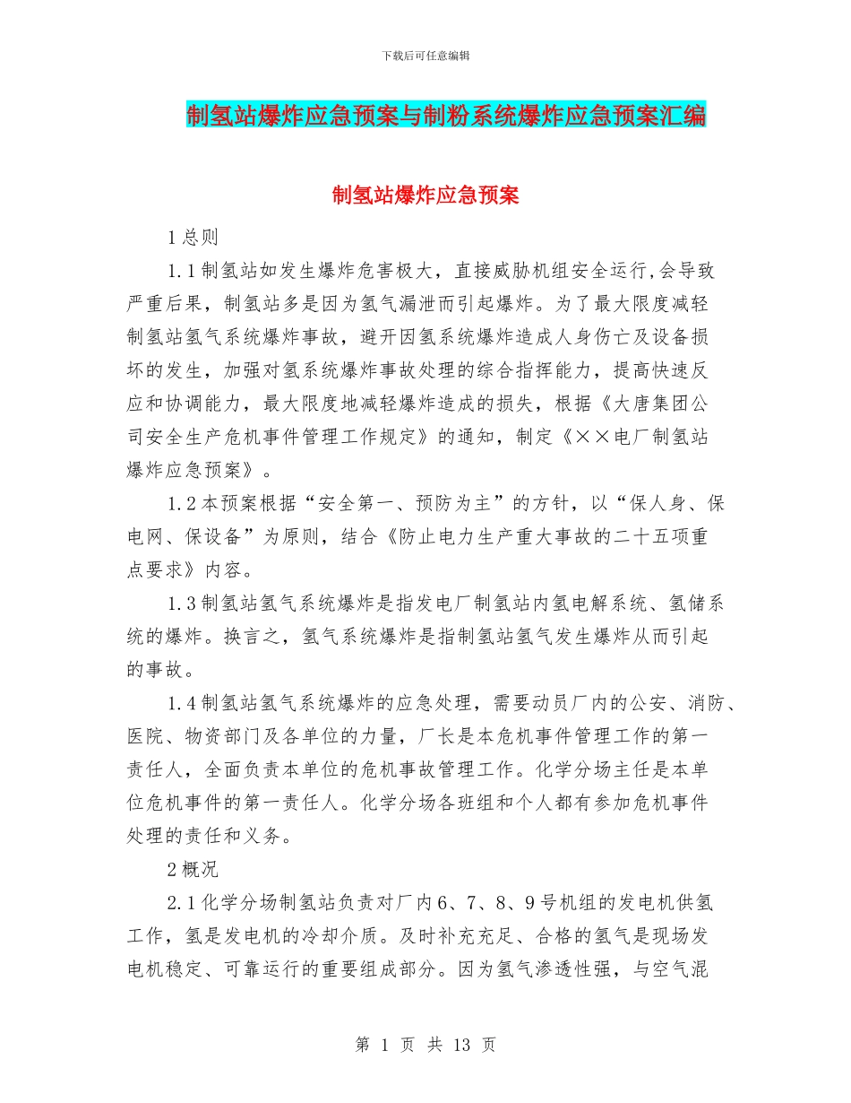 制氢站爆炸应急预案与制粉系统爆炸应急预案汇编_第1页