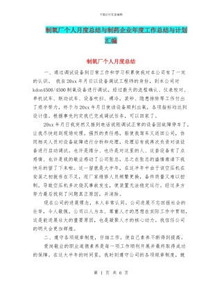 制氧厂个人月度总结与制药企业年度工作总结与计划汇编