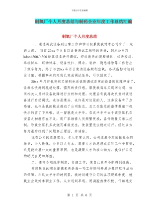 制氧厂个人月度总结与制药企业年度工作总结汇编