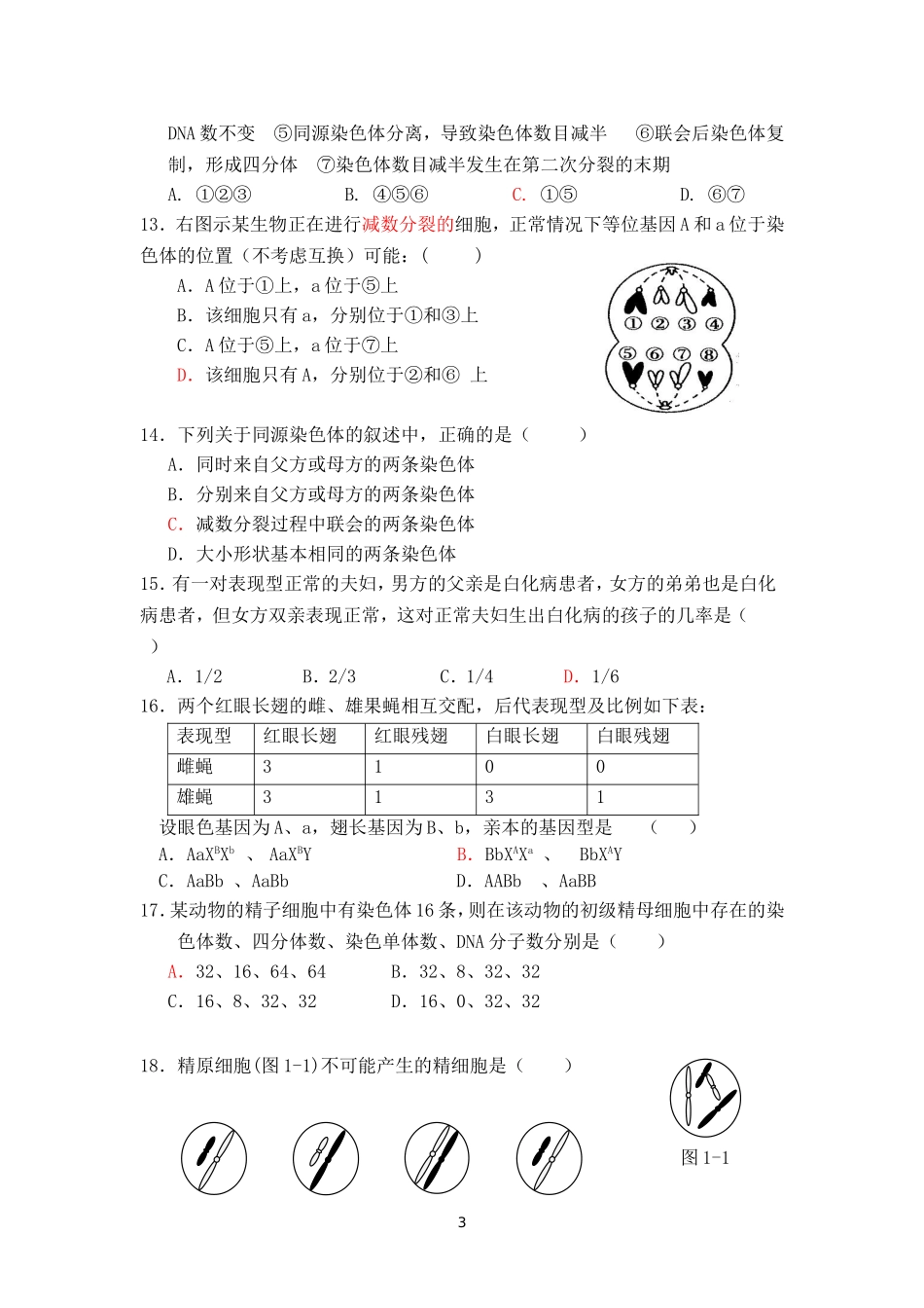 生物必修二期中考试题_第3页