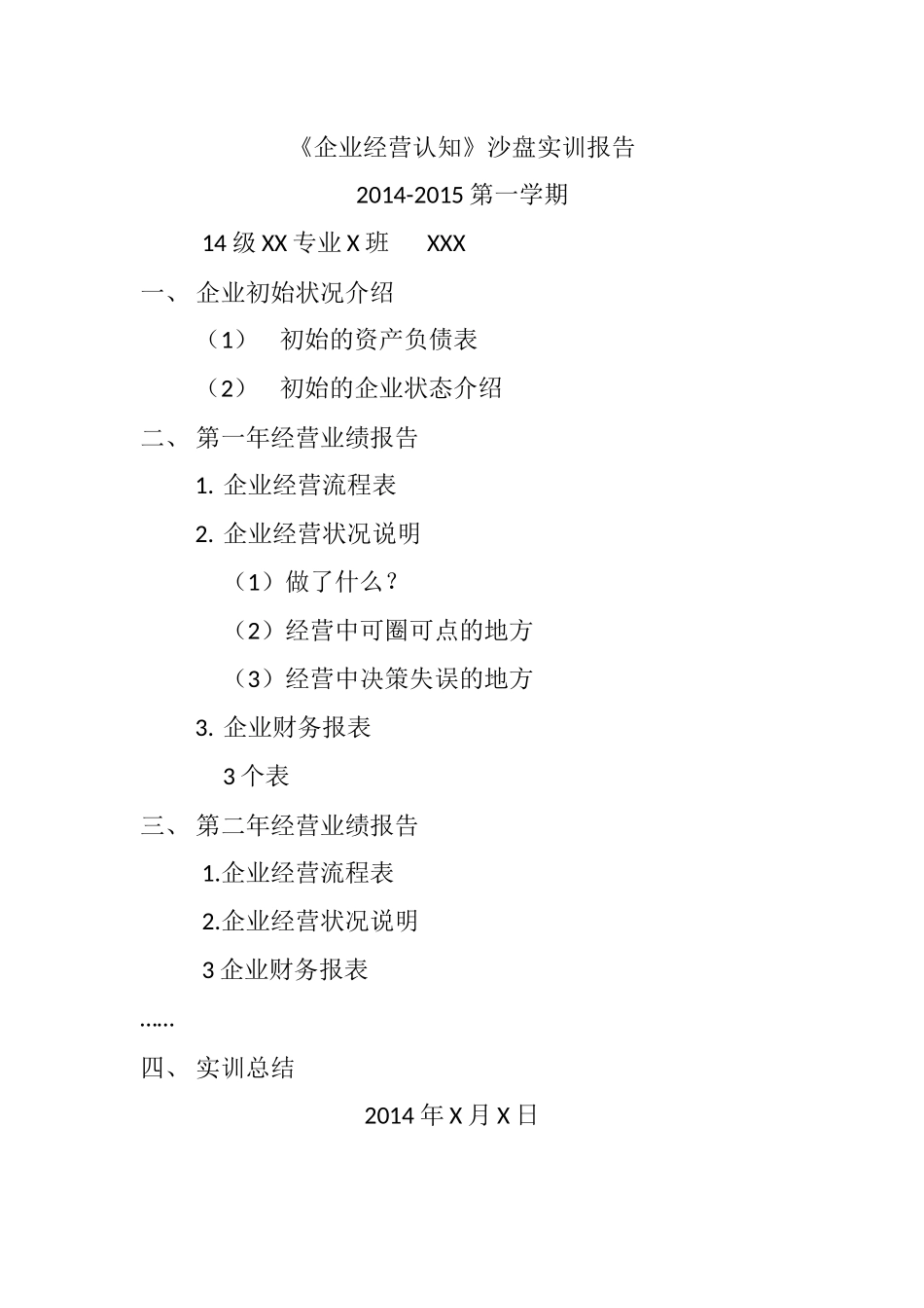 企业经营认知沙盘实训报告模板_第1页