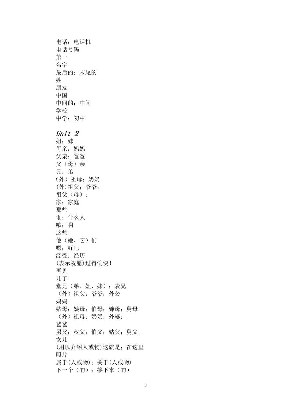 七年级上册英语单词中文表_第3页