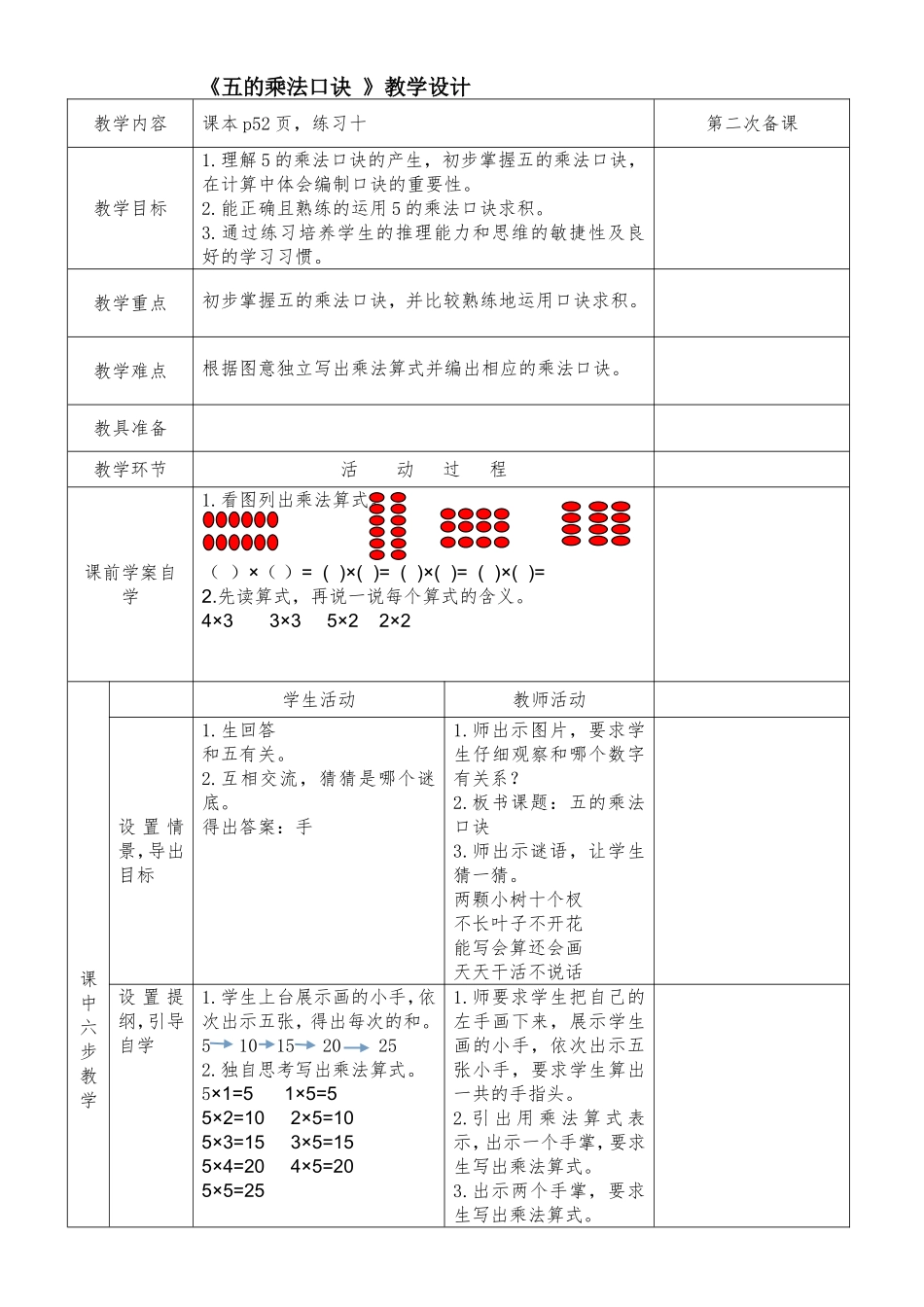 五的乘法口诀教案_第1页