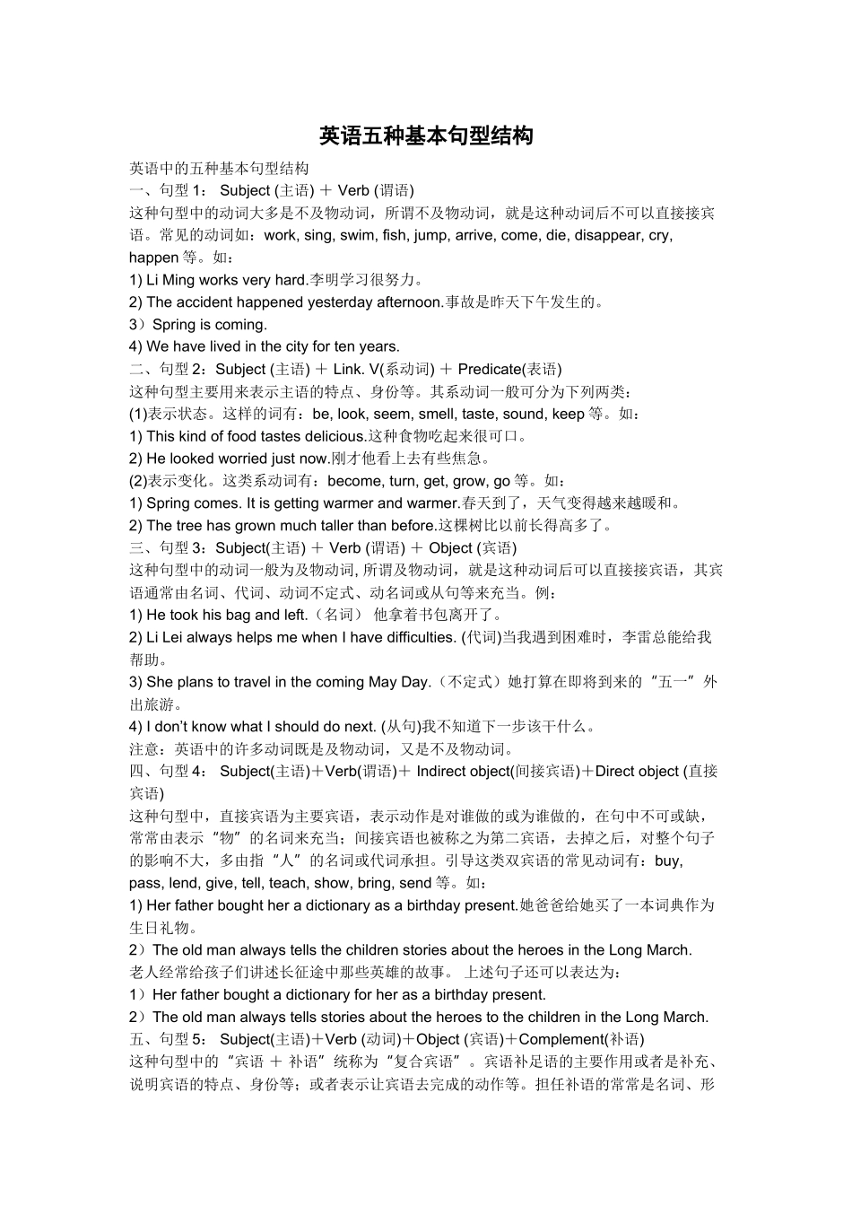 英语五种基本句型结构_第1页