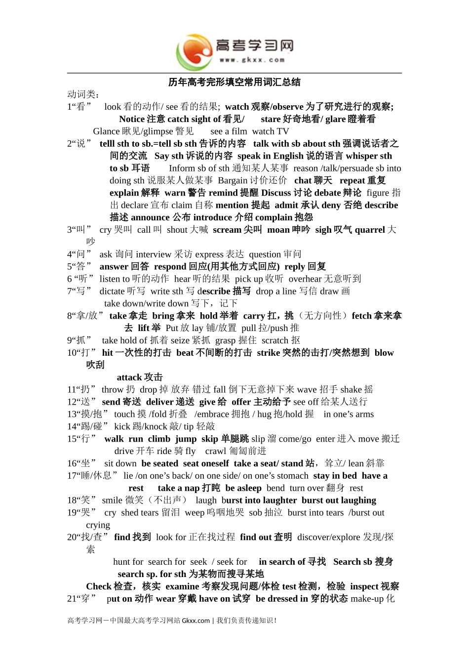 英语：历年高考完形填空常用词学案（高三）_第1页