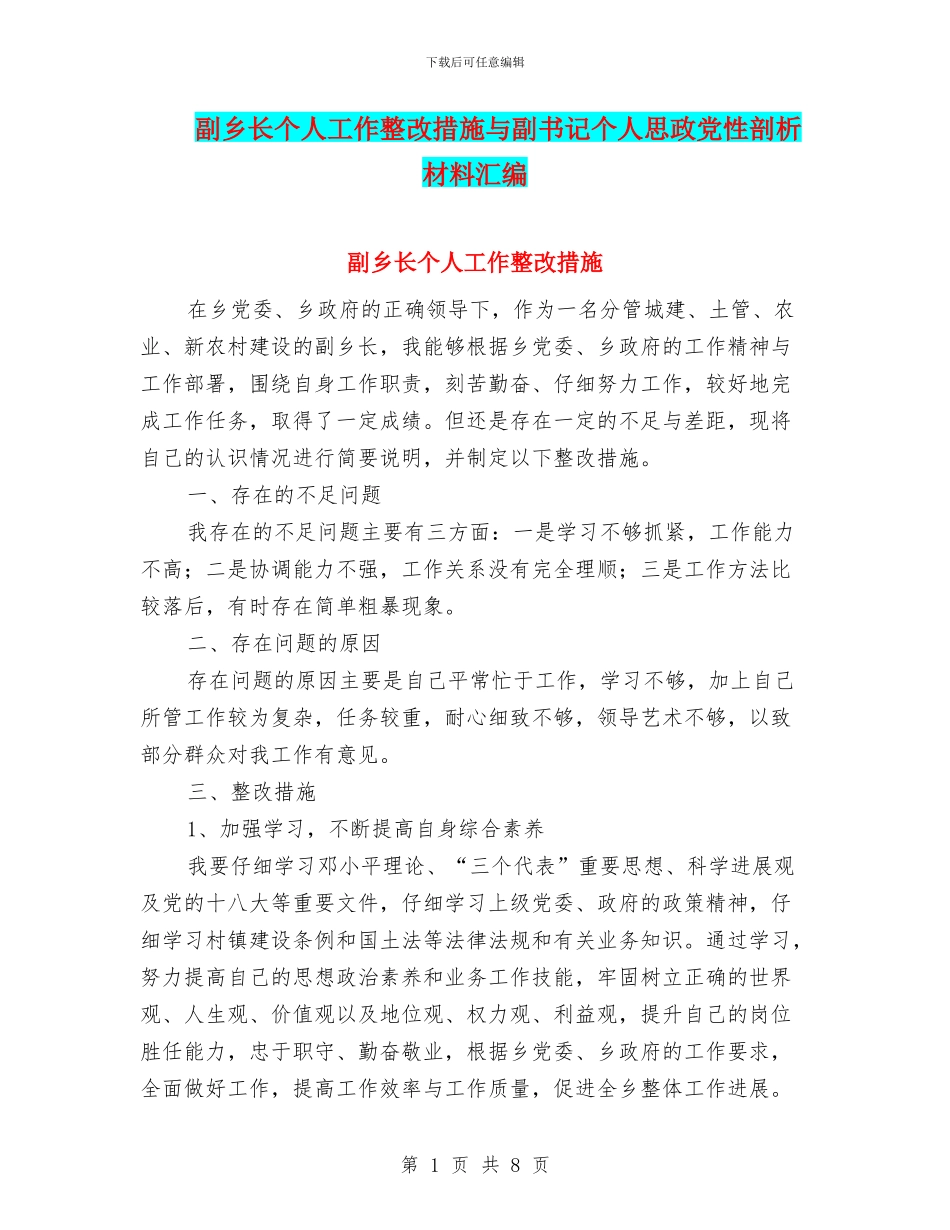 副乡长个人工作整改措施与副书记个人思政党性剖析材料汇编_第1页