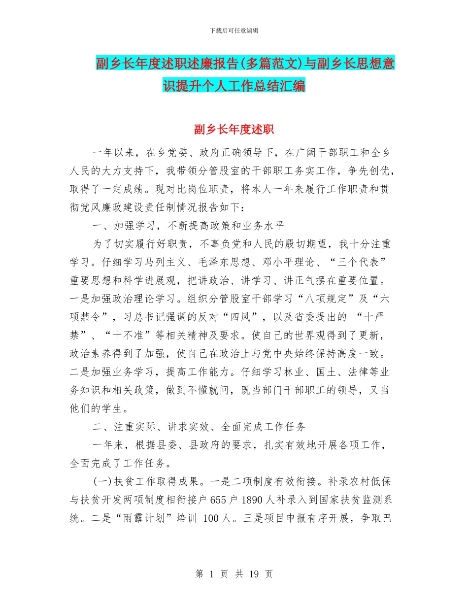 副乡长年度述职述廉报告与副乡长思想意识提升个人工作总结汇编_第1页