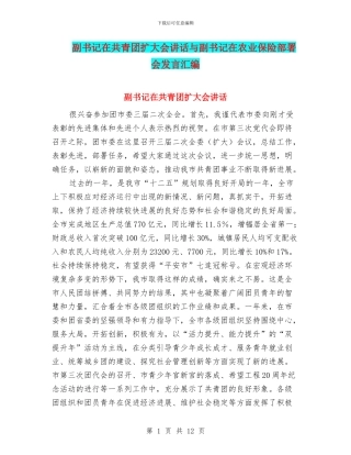 副书记在共青团扩大会讲话与副书记在农业保险部署会发言汇编