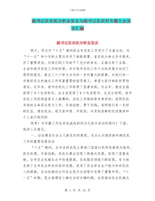 副书记在农机分析会发言与副书记在农村专题大会发言汇编