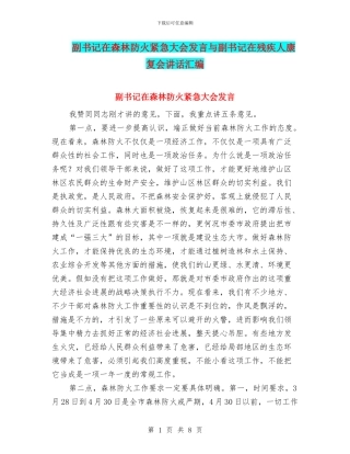副书记在森林防火紧急大会发言与副书记在残疾人康复会讲话汇编