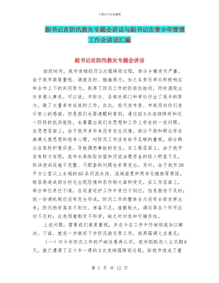 副书记在防汛救灾专题会讲话与副书记在青少年管理工作会讲话汇编