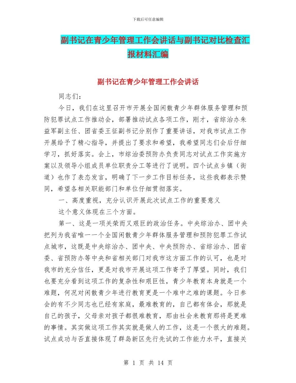 副书记在青少年管理工作会讲话与副书记对照检查汇报材料汇编_第1页