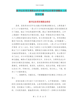 副书记在项目调度会讲话与副书记在领导调整会上的发言汇编